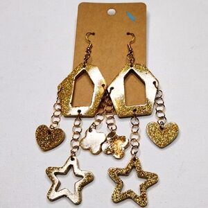 Gold Sparkle double dangle Celestial Love Charm hypoallergenic hook earrings